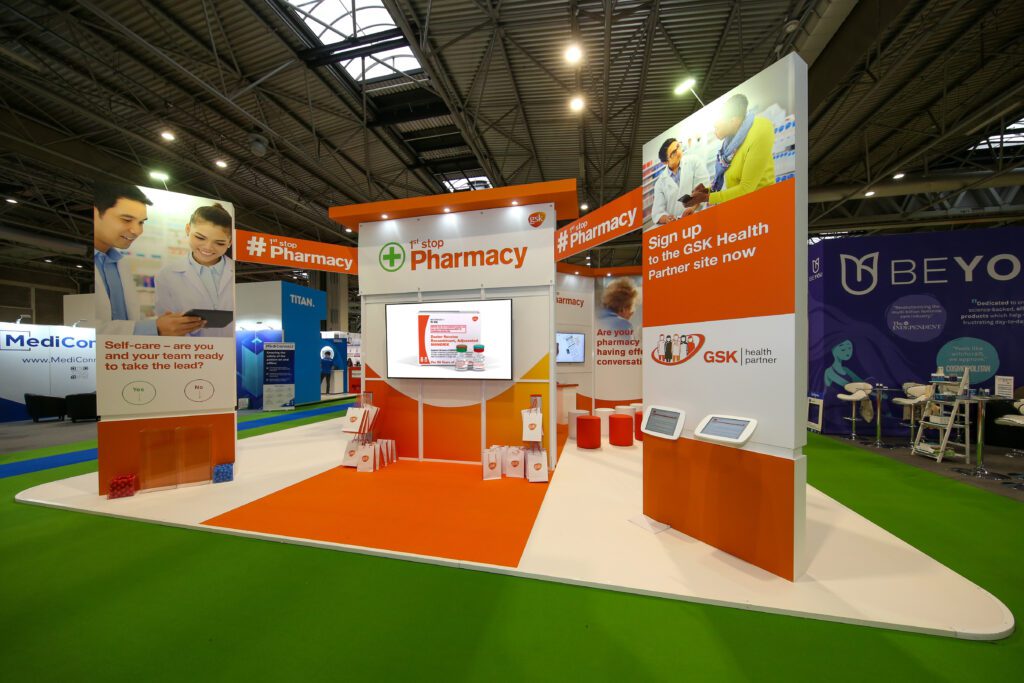 GSK Pharmacy show large exhibition stand for 1st stop pharmacy